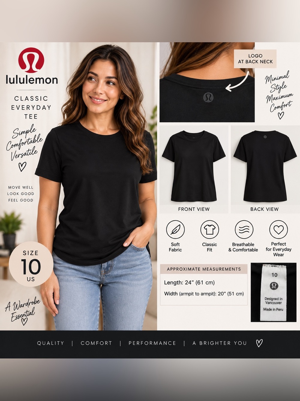 Lululemon Women’s Black Short Sleeve Crew Neck T-Shirt Tee Size 10
